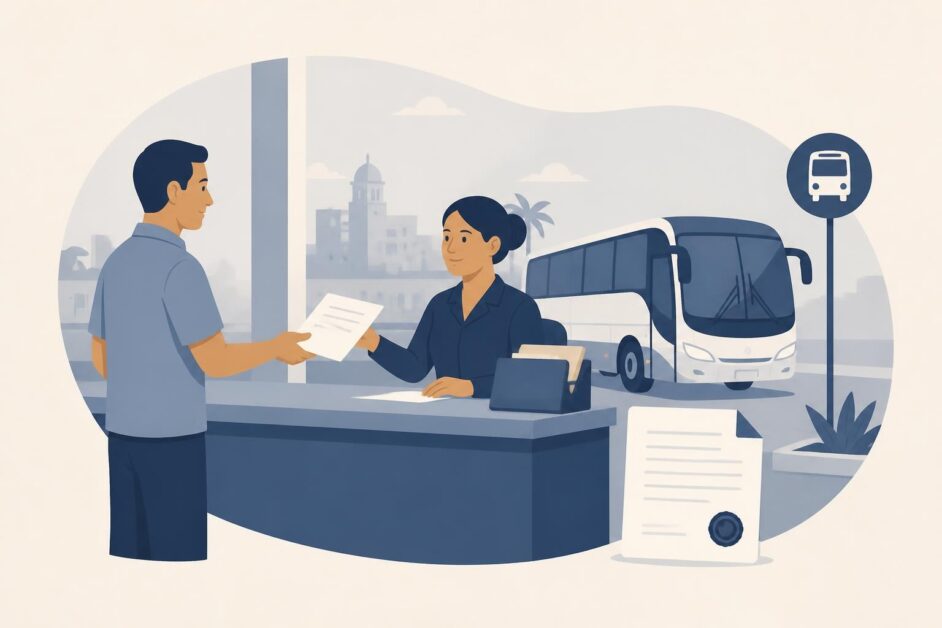 Persona entrega documentos en una oficina de transporte junto a un vehículo de pasajeros.
