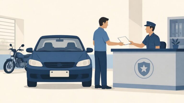 Persona presenta documentos en una oficina de tránsito junto a un automóvil para cambiar su chapa.