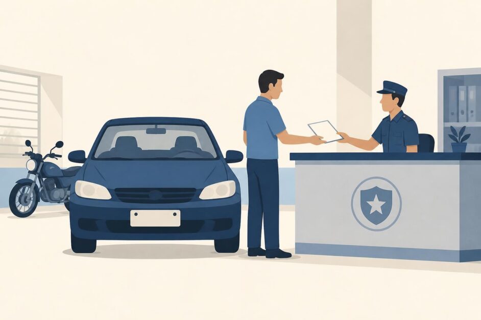 Persona presenta documentos en una oficina de tránsito junto a un automóvil para cambiar su chapa.