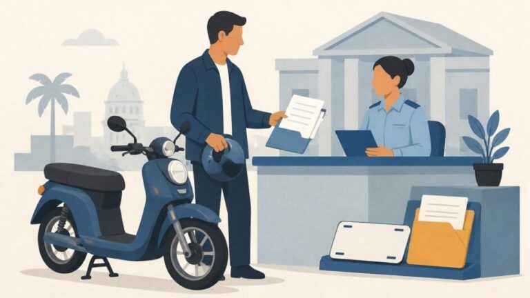 Persona presenta un ciclomotor eléctrico y documentos ante una funcionaria de registro vehicular.