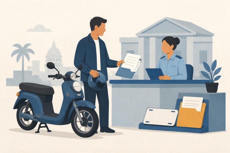 Persona presenta un ciclomotor eléctrico y documentos ante una funcionaria de registro vehicular.