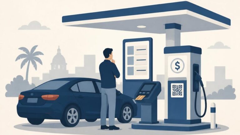 Persona consulta el precio y paga combustible junto a un surtidor en un servicentro.
