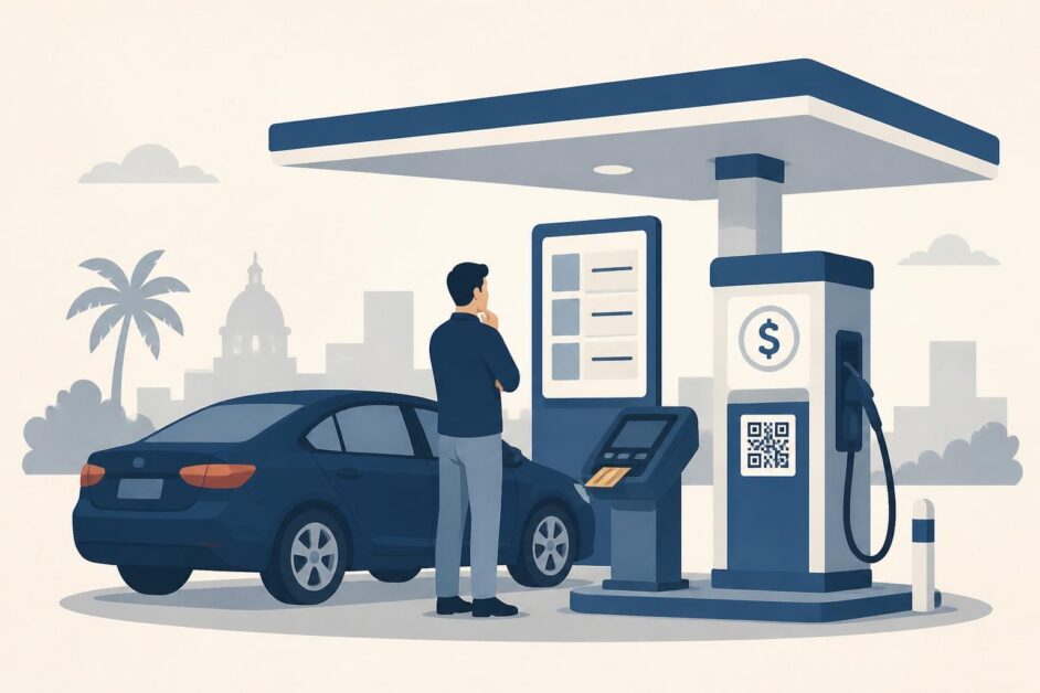 Persona consulta el precio y paga combustible junto a un surtidor en un servicentro.