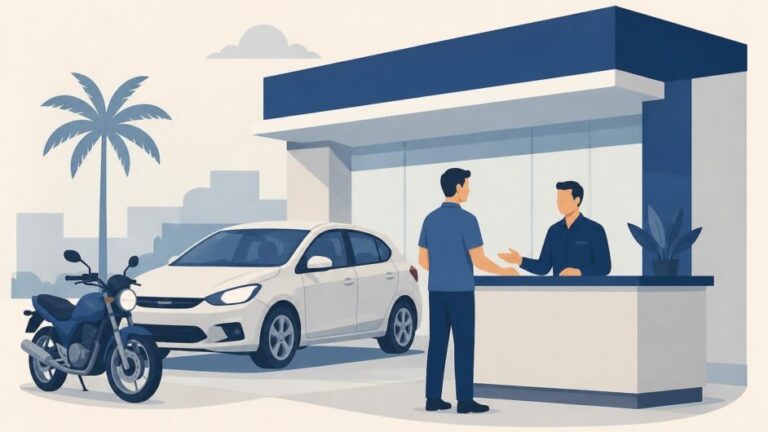 Persona atendida en una comercializadora junto a un automóvil y una motocicleta.