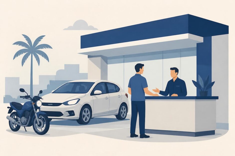 Persona atendida en una comercializadora junto a un automóvil y una motocicleta.