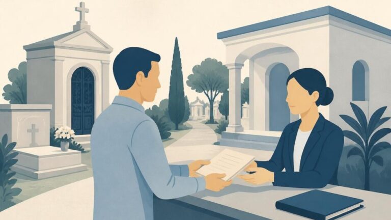 Persona entrega una escritura en la administración de un cementerio junto a un panteón familiar.