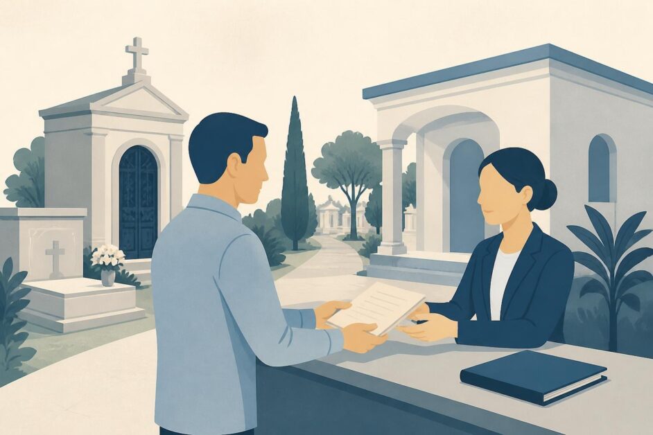 Persona entrega una escritura en la administración de un cementerio junto a un panteón familiar.