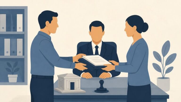 Dos personas formalizan ante un notario la donación de una bóveda con documentos sobre el escritorio.