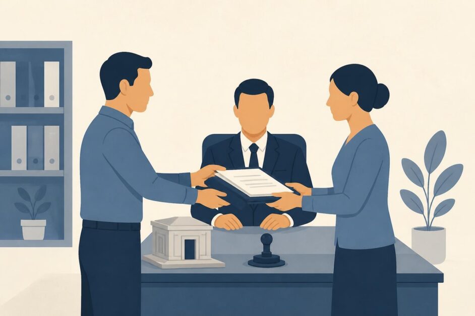 Dos personas formalizan ante un notario la donación de una bóveda con documentos sobre el escritorio.
