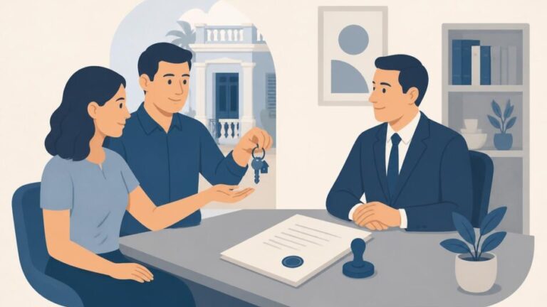 Dos personas formalizan la donación de una vivienda ante un notario con una escritura y una llave.