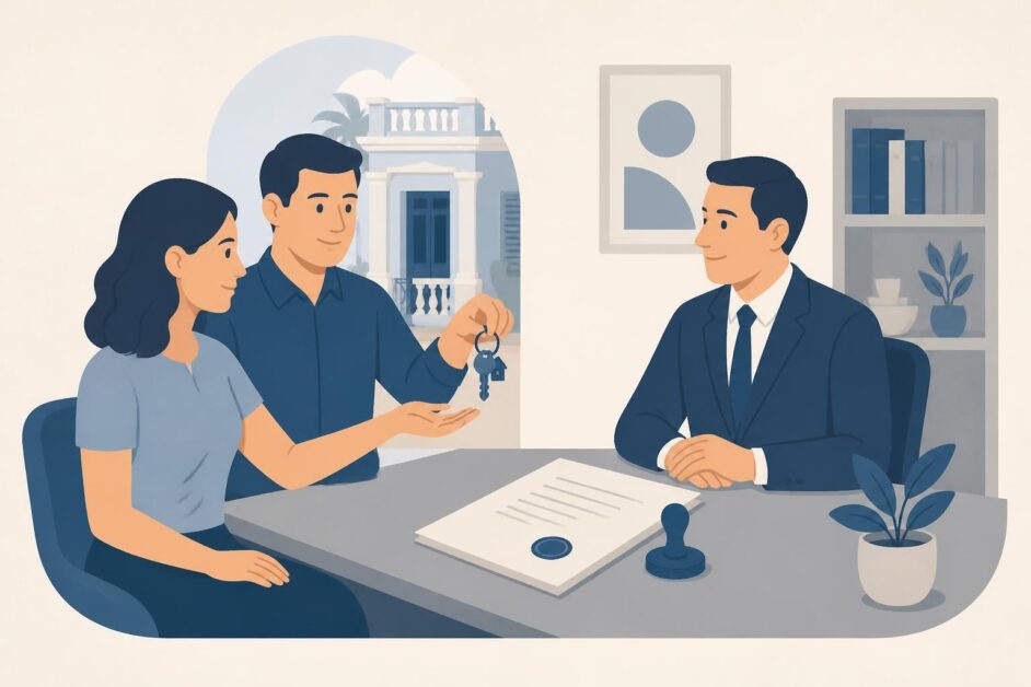 Dos personas formalizan la donación de una vivienda ante un notario con una escritura y una llave.