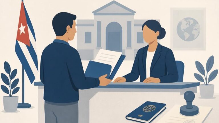 Persona adulta entrega documentos en un mostrador de consulado cubano junto a un pasaporte extranjero.