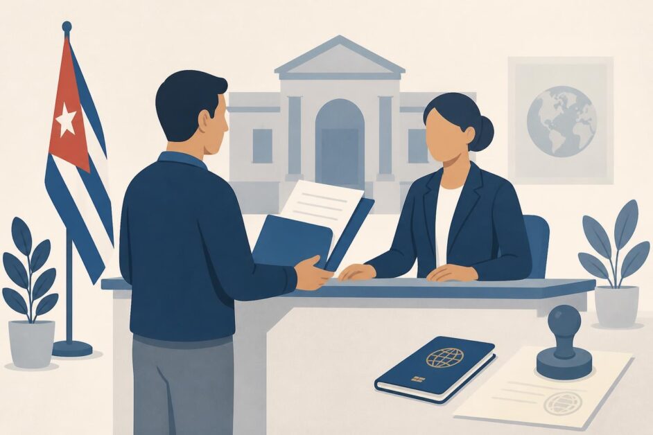 Persona adulta entrega documentos en un mostrador de consulado cubano junto a un pasaporte extranjero.
