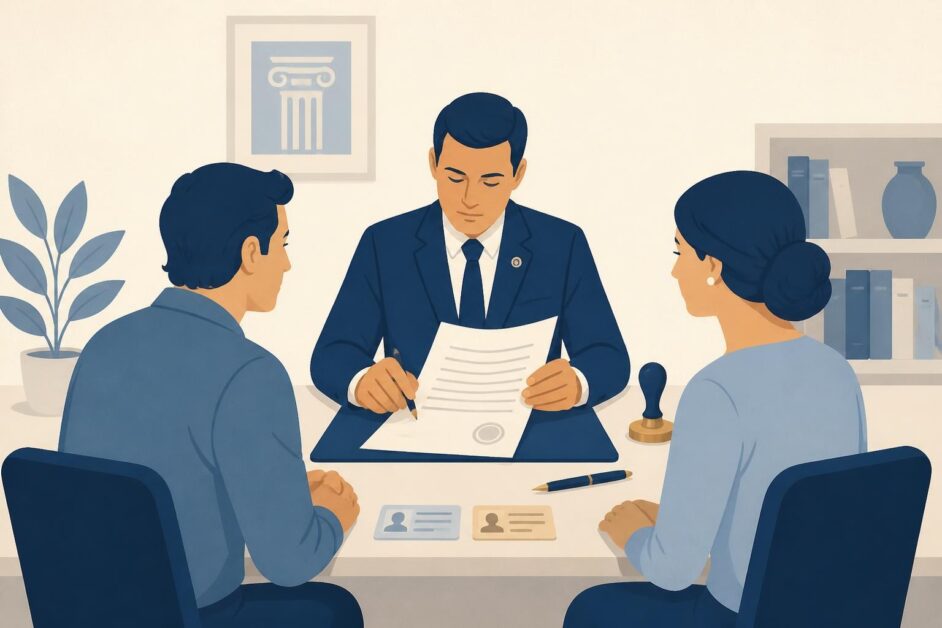 Dos personas formalizan una cesión hereditaria ante un notario que revisa una escritura.