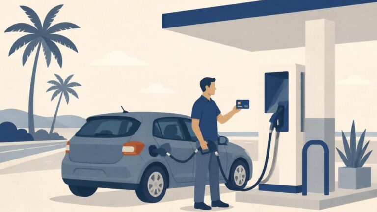 Persona paga con tarjeta mientras abastece un automóvil en un servicentro.