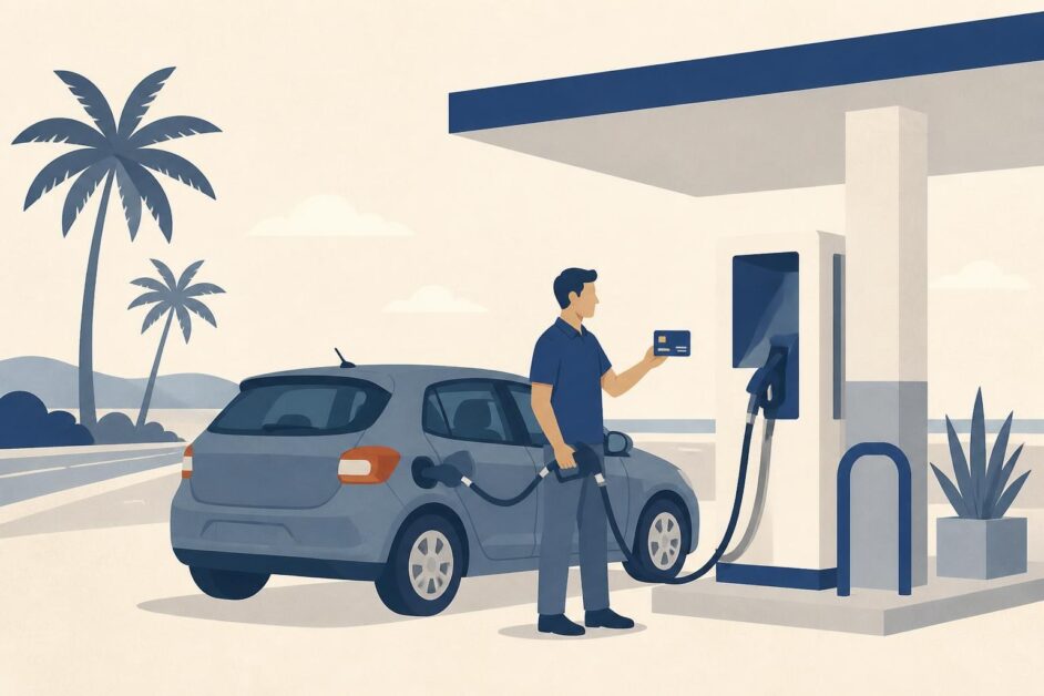 Persona paga con tarjeta mientras abastece un automóvil en un servicentro.