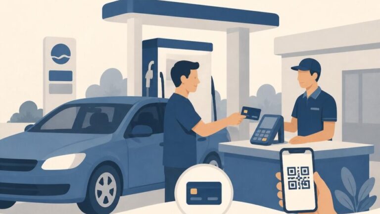 Conductor usa una tarjeta recargable para pagar combustible junto a un surtidor.