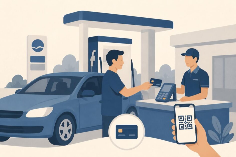 Conductor usa una tarjeta recargable para pagar combustible junto a un surtidor.