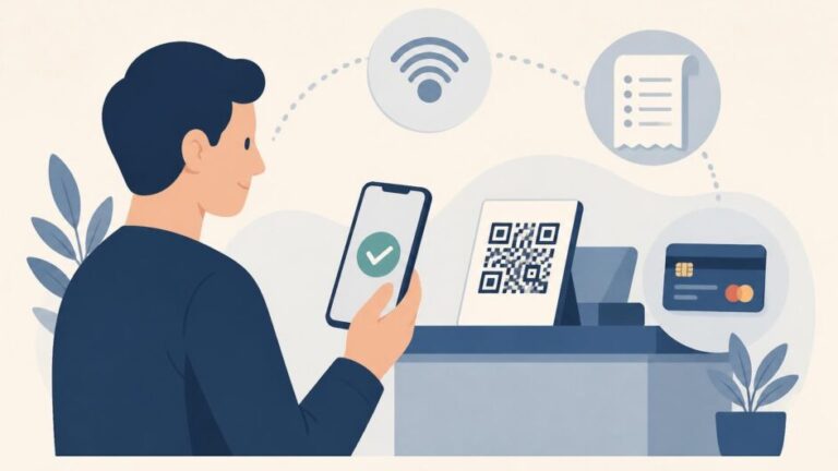 Persona paga un servicio con un teléfono y un código QR junto a una tarjeta bancaria.