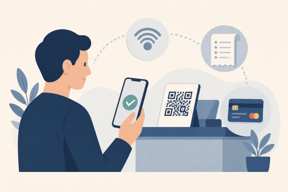 Persona paga un servicio con un teléfono y un código QR junto a una tarjeta bancaria.
