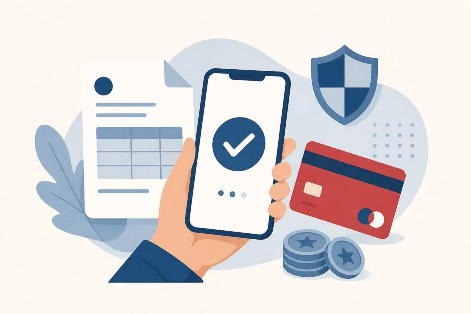 Persona realiza un pago tributario desde un teléfono con una tarjeta bancaria y un documento fiscal.