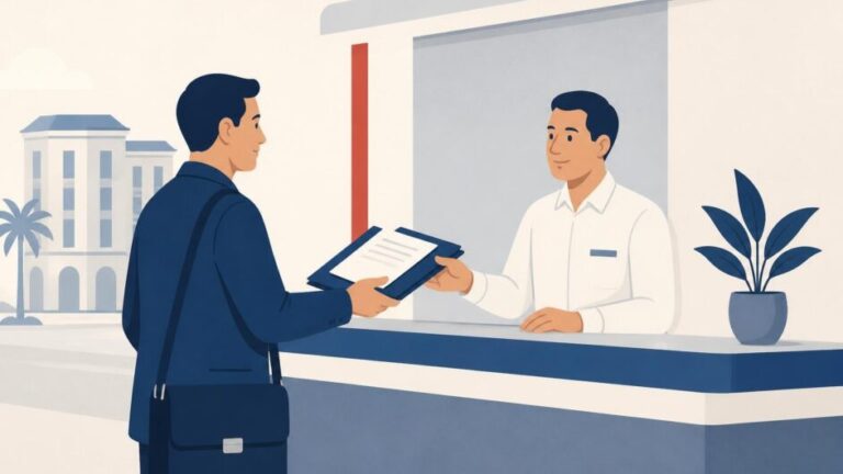 Persona entrega una carpeta de proyecto y pasaporte en una oficina institucional cubana.
