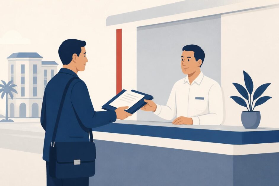 Persona entrega una carpeta de proyecto y pasaporte en una oficina institucional cubana.
