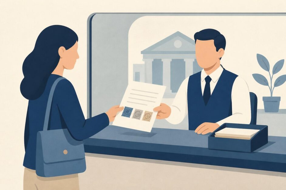 Persona entrega un documento con sellos del timbre en una ventanilla institucional.