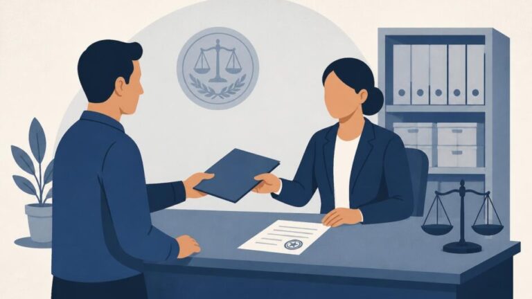 Persona entrega una carpeta a un especialista jurídico en una oficina de registros.