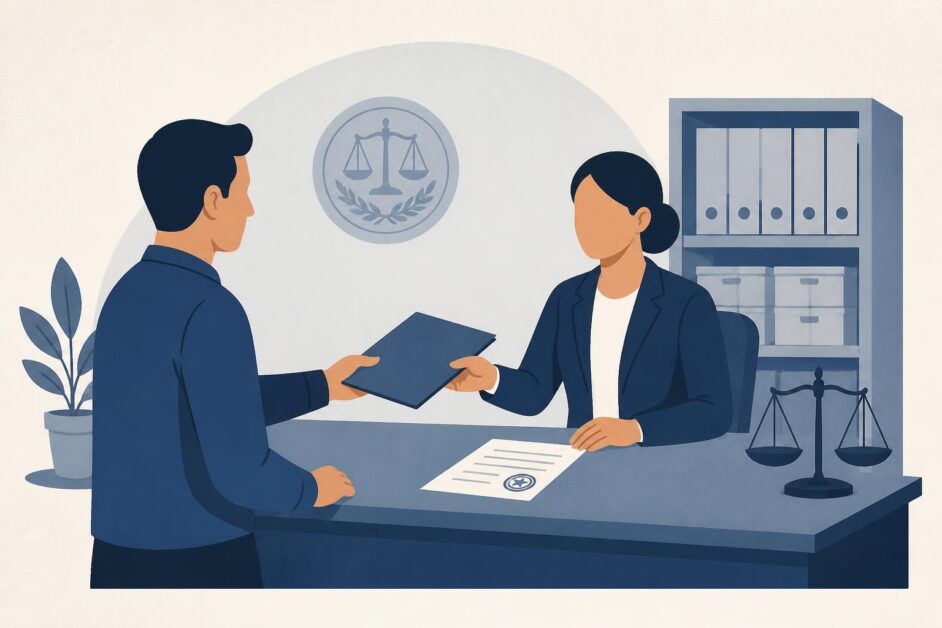 Persona entrega una carpeta a un especialista jurídico en una oficina de registros.