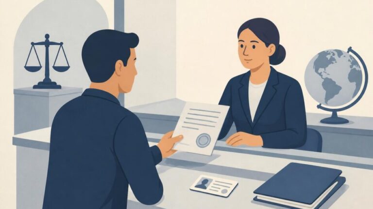 Persona entrega su identificación y un documento sellado en una oficina de justicia.