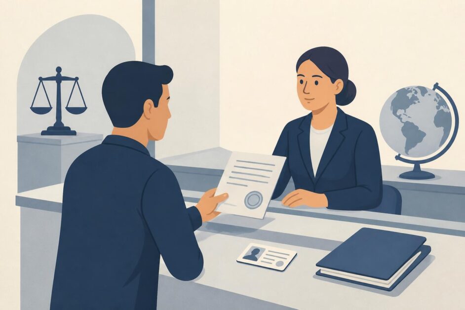 Persona entrega su identificación y un documento sellado en una oficina de justicia.