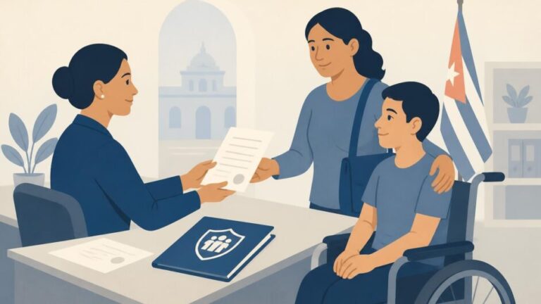 Cuidadora y joven con discapacidad en una oficina municipal mientras se formaliza un contrato de trabajo.