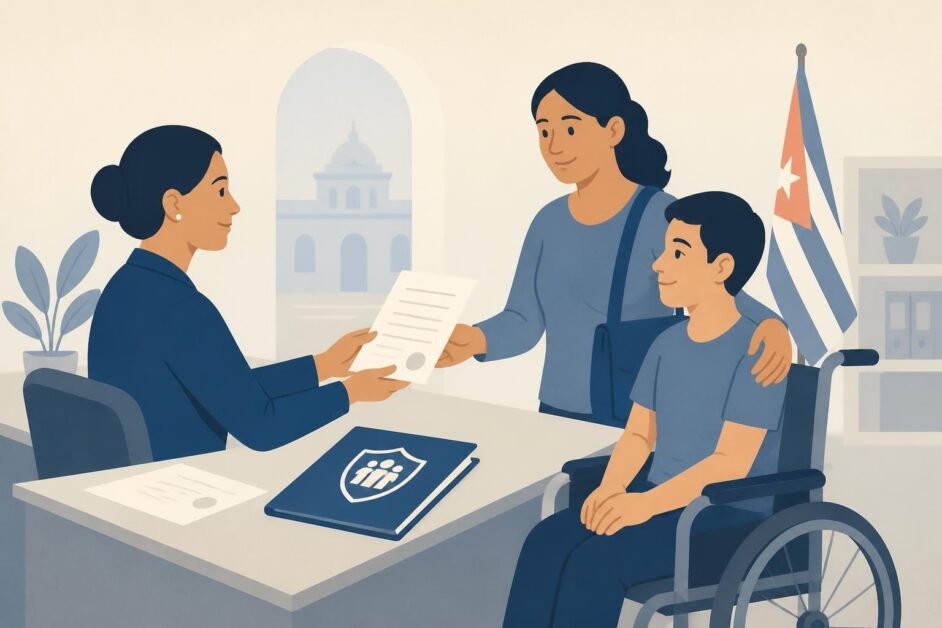 Cuidadora y joven con discapacidad en una oficina municipal mientras se formaliza un contrato de trabajo.