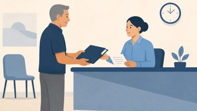 Persona adulta entrega documentos a una funcionaria en una oficina de seguridad social.