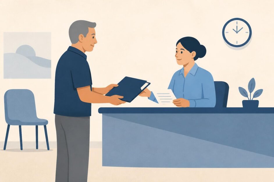 Persona adulta entrega documentos a una funcionaria en una oficina de seguridad social.