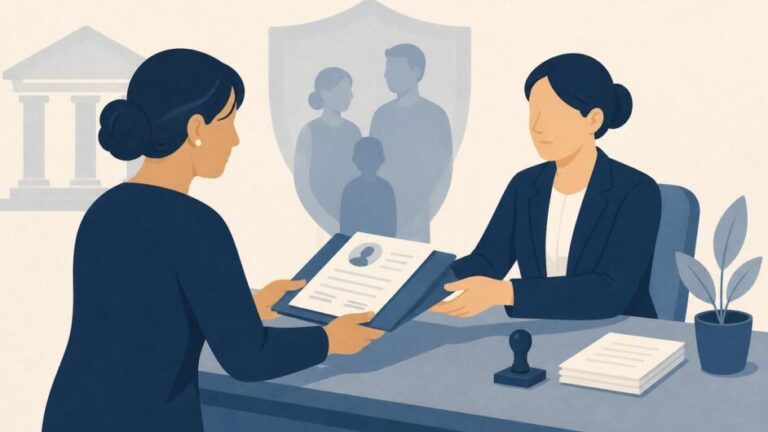 Mujer entrega documentos de pensión a un funcionario en una oficina pública.