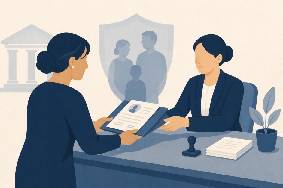 Mujer entrega documentos de pensión a un funcionario en una oficina pública.
