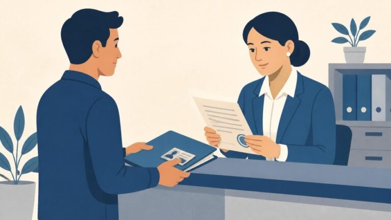 Persona entrega documentos a un empleado en una oficina para solicitar una certificación laboral.
