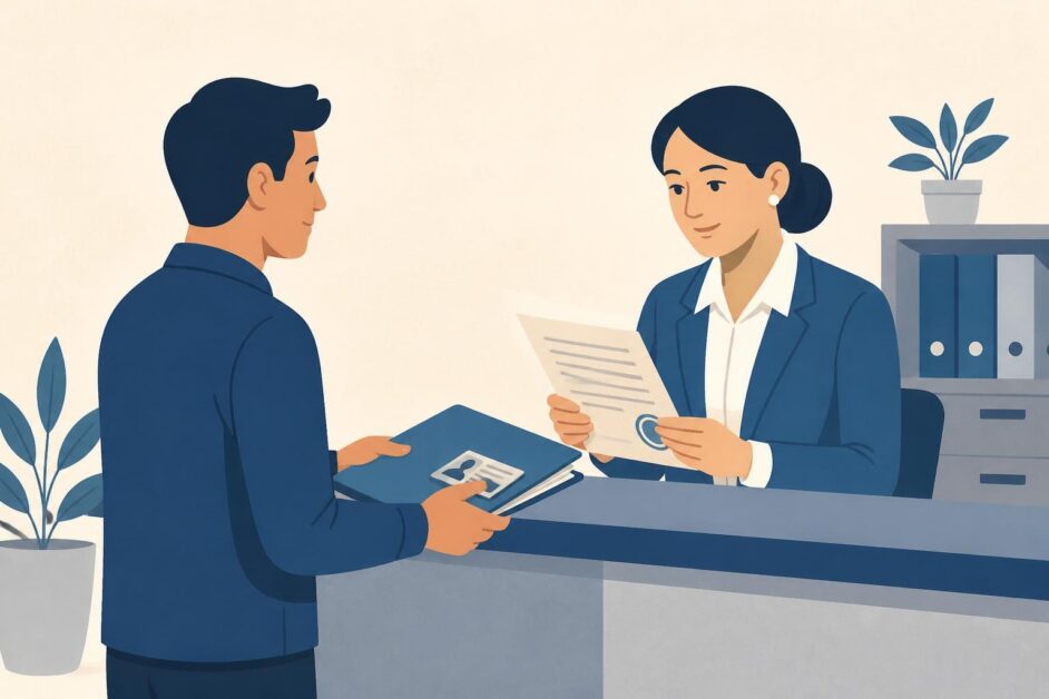 Persona entrega documentos a un empleado en una oficina para solicitar una certificación laboral.