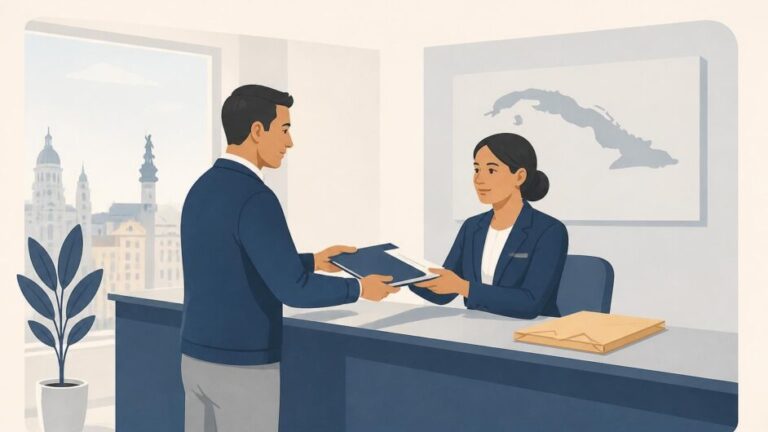 Persona entrega documentos a un empleado en un mostrador consular.