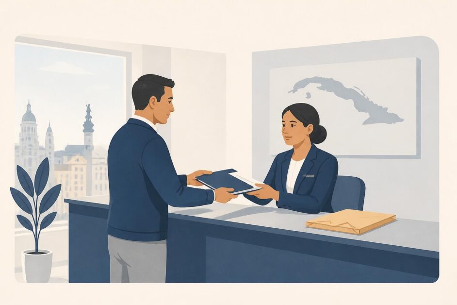 Persona entrega documentos a un empleado en un mostrador consular.