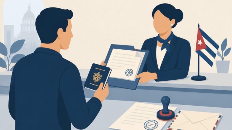 Persona entrega documentos y pasaporte en un mostrador consular para solicitar certificados cubanos en México.