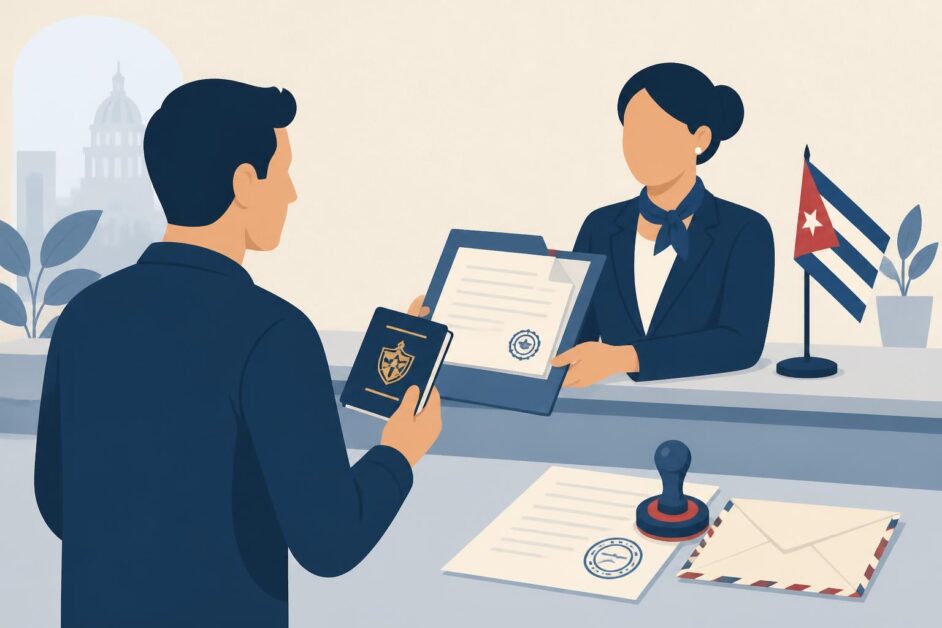 Persona entrega documentos y pasaporte en un mostrador consular para solicitar certificados cubanos en México.