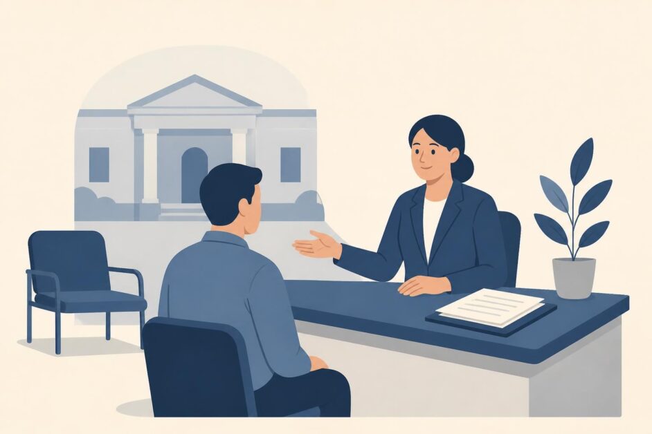 Persona atendida por una trabajadora en una oficina municipal de trabajo y seguridad social.