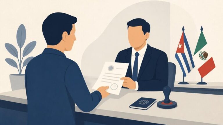 Persona entrega un documento y pasaporte a un funcionario en una oficina consular con un sello sobre el mostrador.
