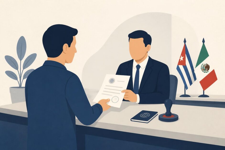 Persona entrega un documento y pasaporte a un funcionario en una oficina consular con un sello sobre el mostrador.