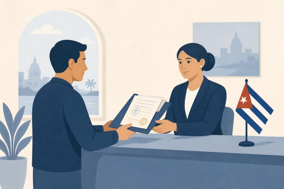 Persona entrega una carpeta con documentos a un empleado en un consulado cubano.