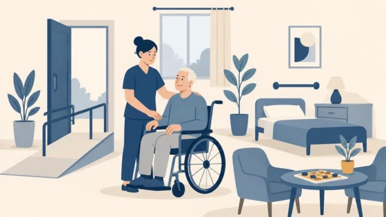 Cuidadora acompaña a un adulto mayor y a una persona en silla de ruedas en una residencia accesible.