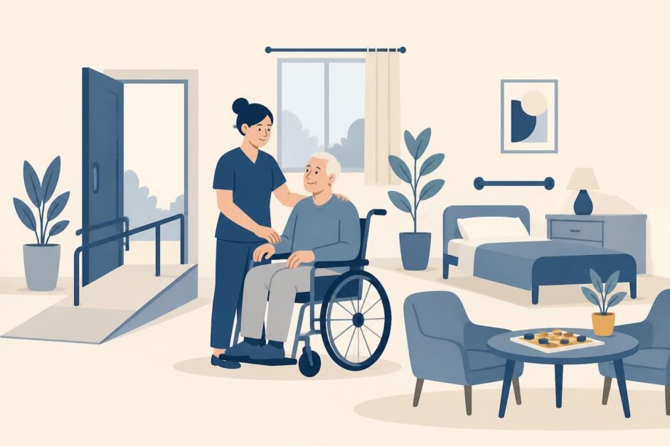 Cuidadora acompaña a un adulto mayor y a una persona en silla de ruedas en una residencia accesible.